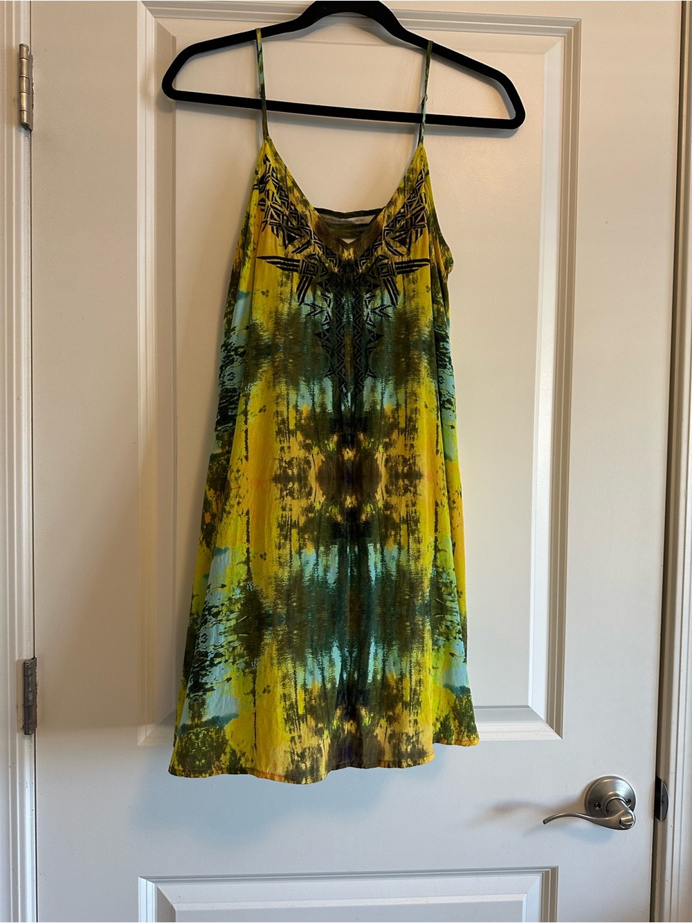 Sleeveless Tie-Dye Mini Sundress in Yellow & Teal Embroidered Geometric